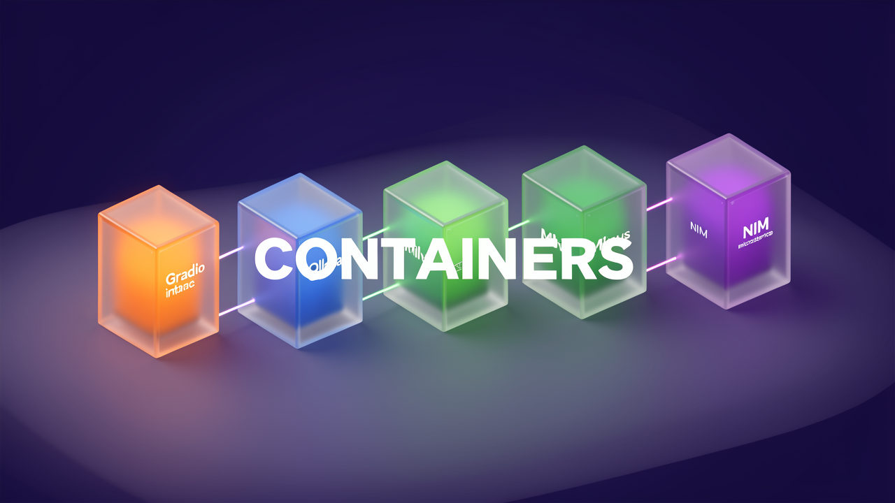 An isometric row of labeled Docker containers in a RAG stack, each with a colored status light, showing the Gradio app, Ollama server, Milvus, and NVIDIA NIM microservices connected by glowing data lines.