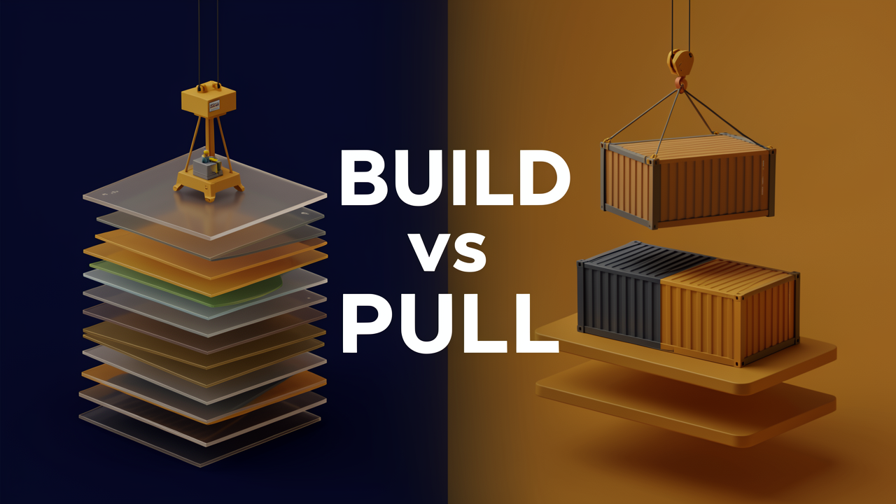 A split visualization contrasting a custom Docker image being built from layered plates on one side and prebuilt container images being pulled from a registry shelf on the other.