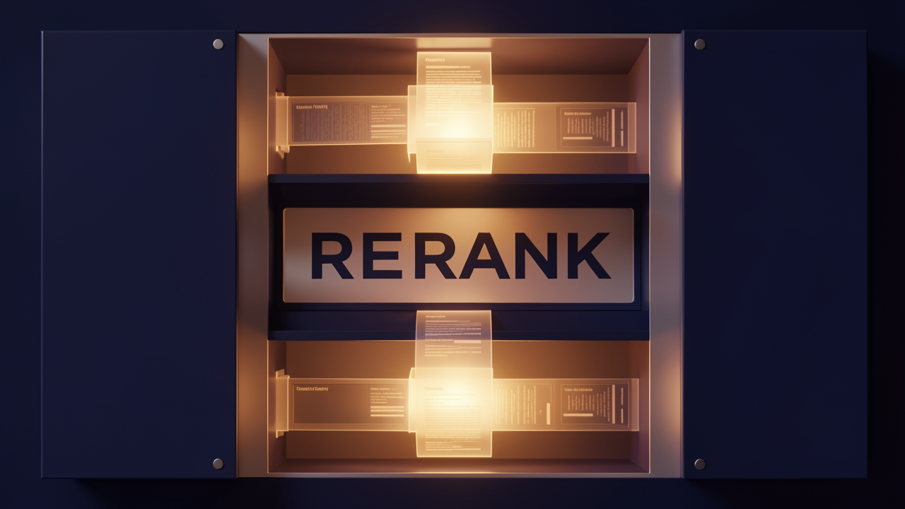 Document chunks passing through a cross-encoder reranking gate and being re-ordered into a prompt panel with the strongest evidence placed at the top and bottom positions.
