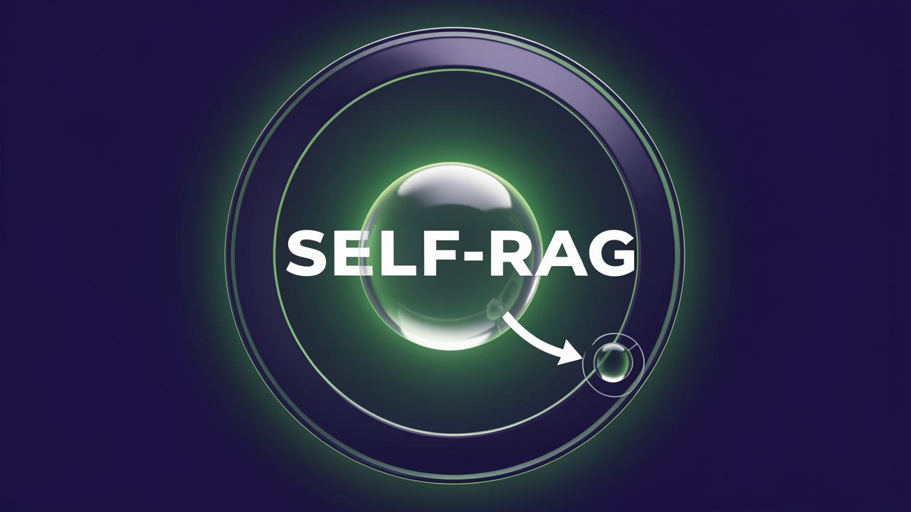 A circular Self-RAG reflection loop showing a generated answer being evaluated for groundedness and routed back through a single retry of retrieval and regeneration.
