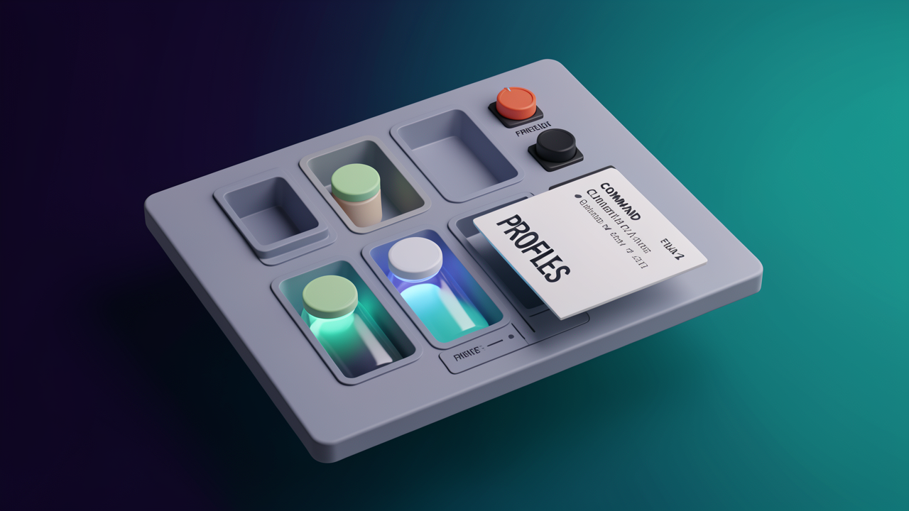 A Docker Compose control panel with profile toggles and modular container slots showing how optional services like reranking and ingestion are enabled on demand.