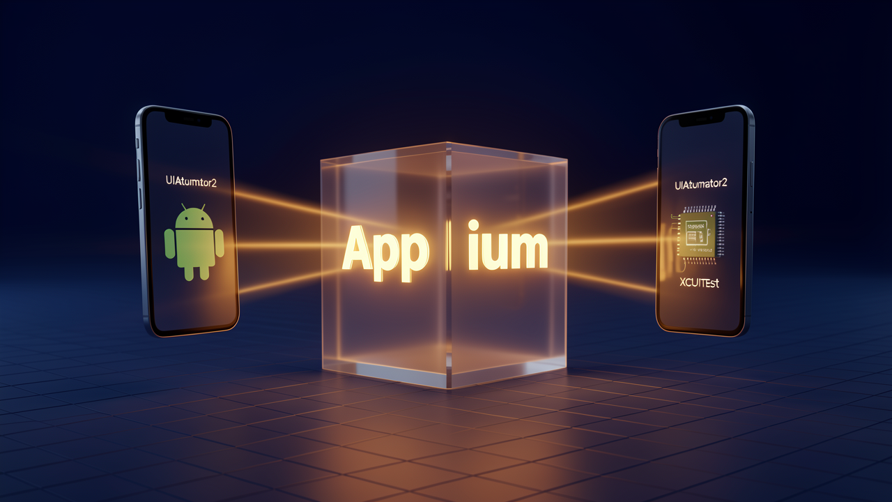 Appium server cube sending WebDriver protocol commands to Android and iOS devices through UIAutomator2 and XCUITest drivers in a cross-platform mobile testing setup.