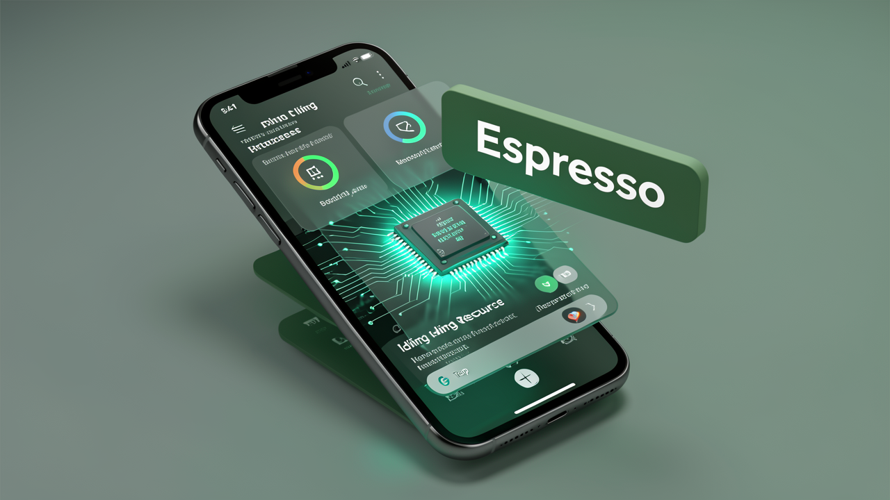 Exploded view of an Android device showing Espresso executing in-process with idling resources monitoring background tasks, animations, and network requests before test actions.