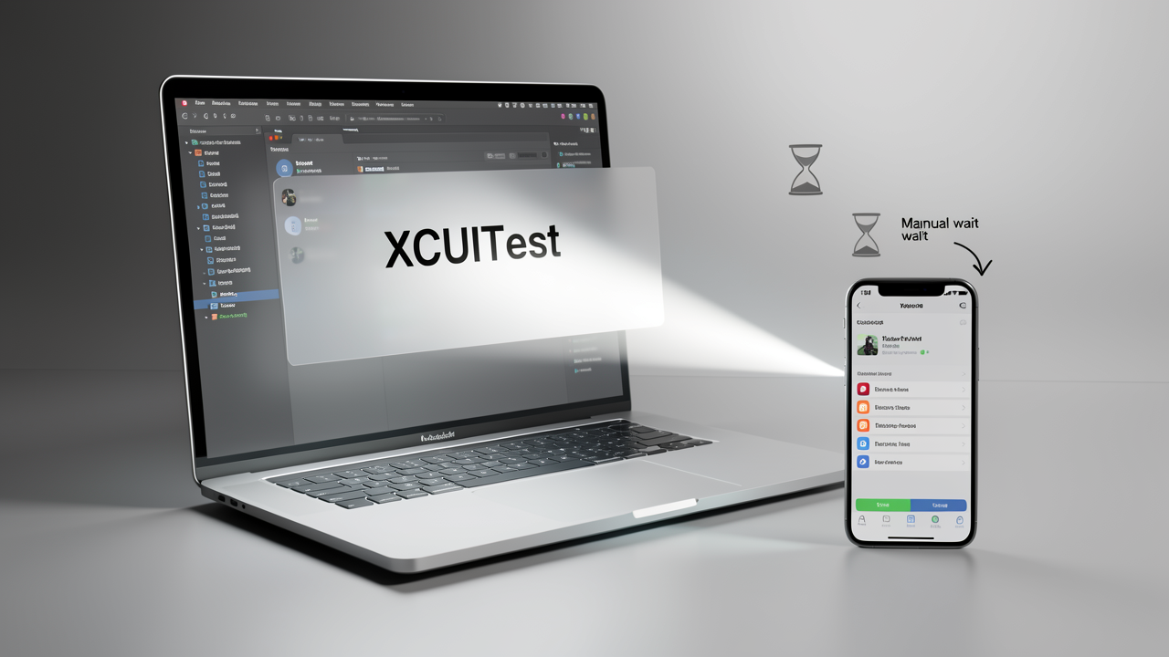 Xcode workstation synchronized with an iPhone for XCUITest UI testing, with visual markers for the manual wait conditions iOS developers must configure.