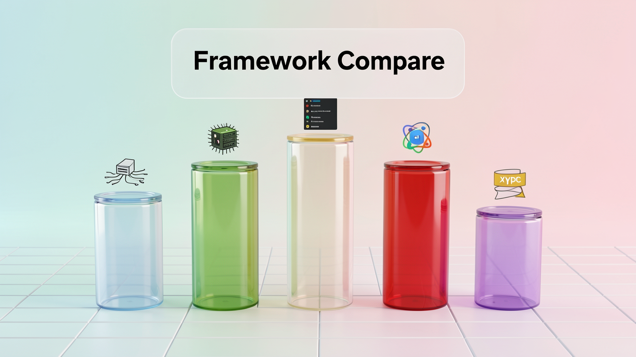 Five glass columns in a dashboard layout comparing Appium, Espresso, XCUITest, Detox, and Maestro by setup complexity, learning curve, and flakiness resistance.