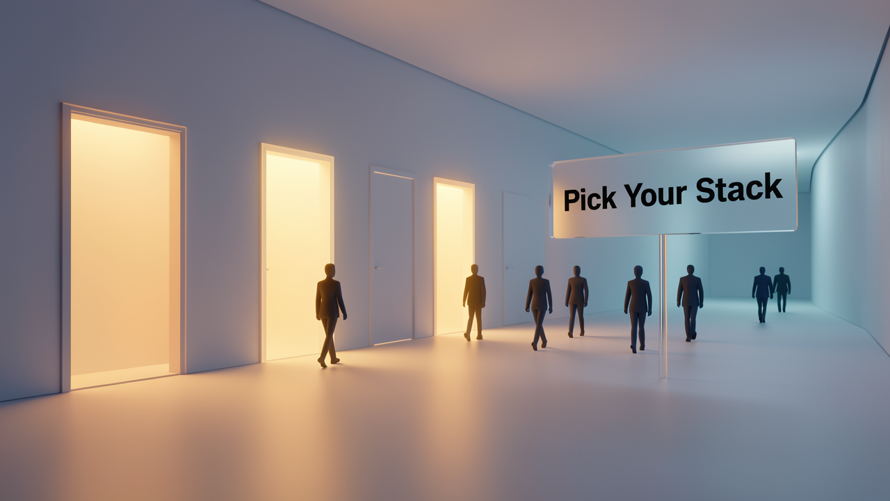 Five glowing doorways representing Appium, Espresso, XCUITest, Detox, and Maestro, symbolizing how mobile QA teams select a testing framework by platform, accuracy, and flakiness needs.
