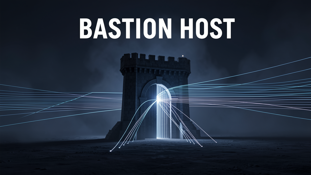 A fortified gateway funneling every glowing network path through a single point, representing how a bastion host concentrates SSH access and becomes a single point of failure.