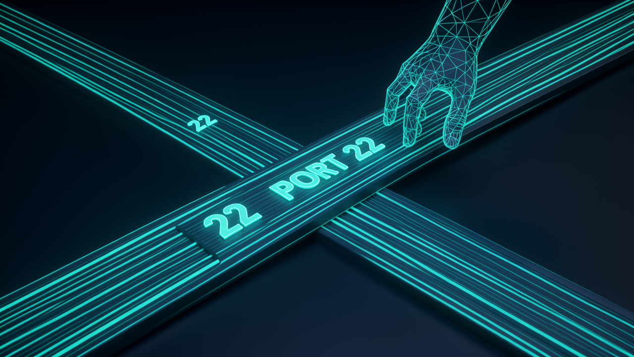 A network pipeline with the lane labeled port 22 being rerouted to a new server, showing how Tailscale intercepts SSH traffic on the tailnet IP.