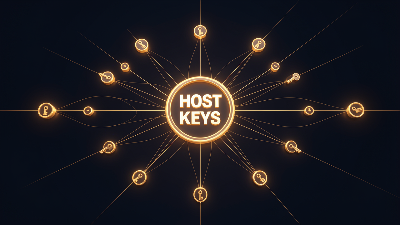 A central hub distributing glowing key tokens across a mesh of nodes, visualizing host key distribution through the Tailscale control plane.