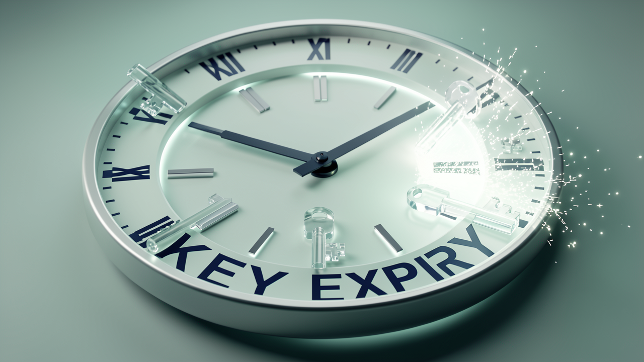 Rotating translucent keys around a glowing clock face, representing automatic node key expiry and rotation managed by the control plane.