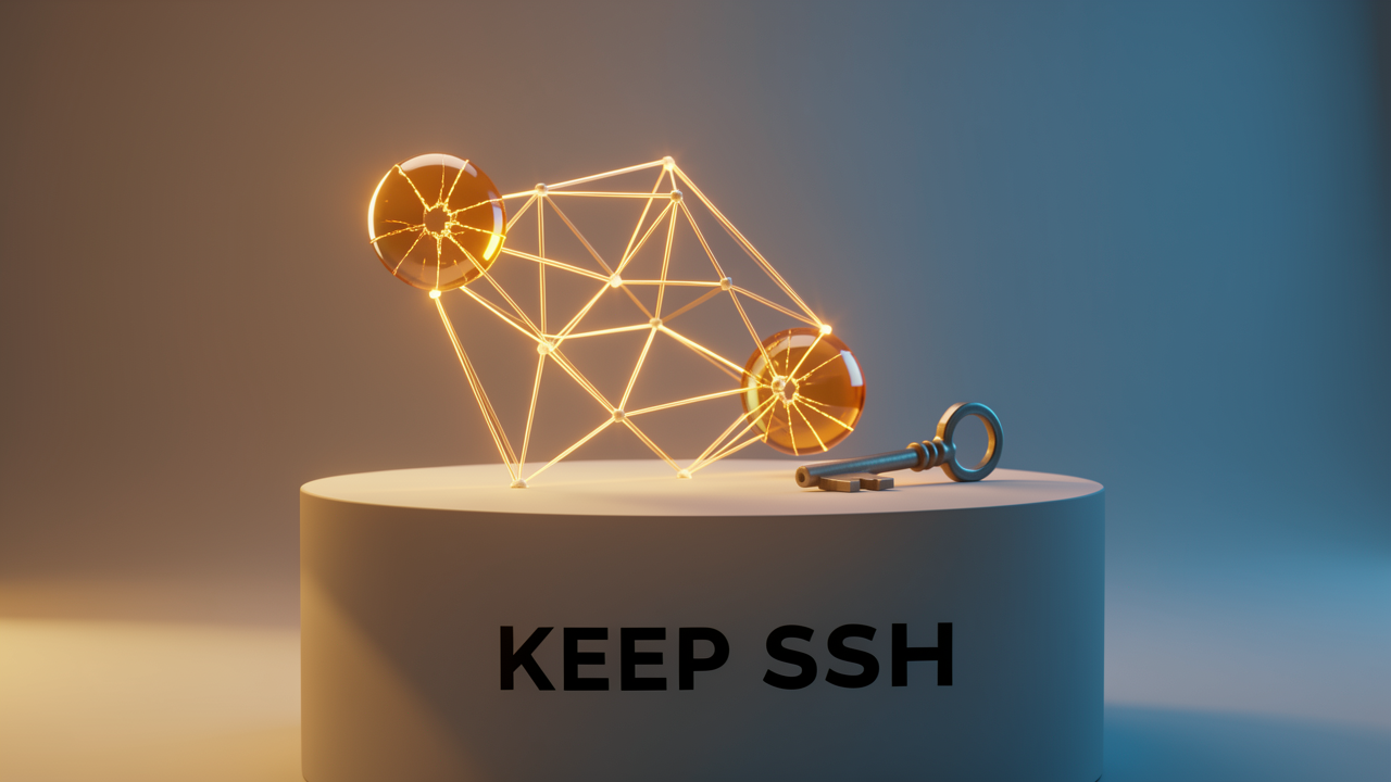 A mesh network with three highlighted edge-case nodes beside a preserved metal SSH key, illustrating when traditional SSH and bastions still make sense.