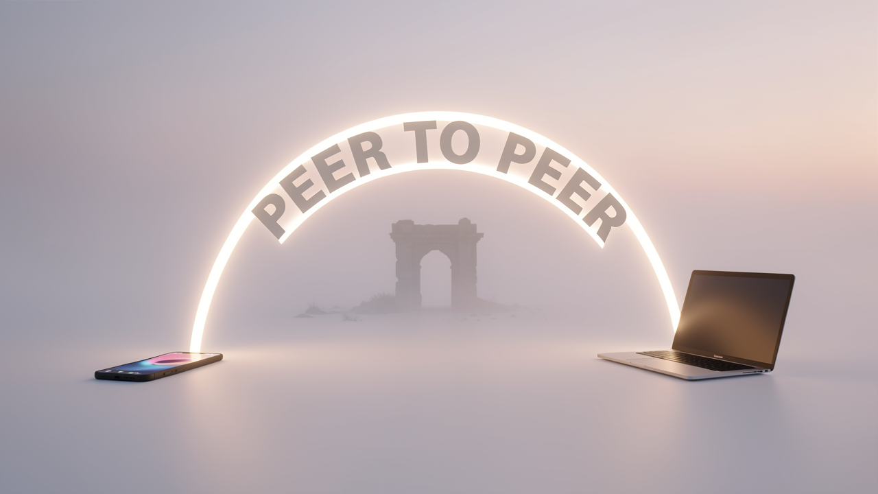 A laptop and phone connected by a direct glowing arc bypassing an abandoned gateway tower, showing peer-to-peer Tailscale sessions with Termius and Mosh.