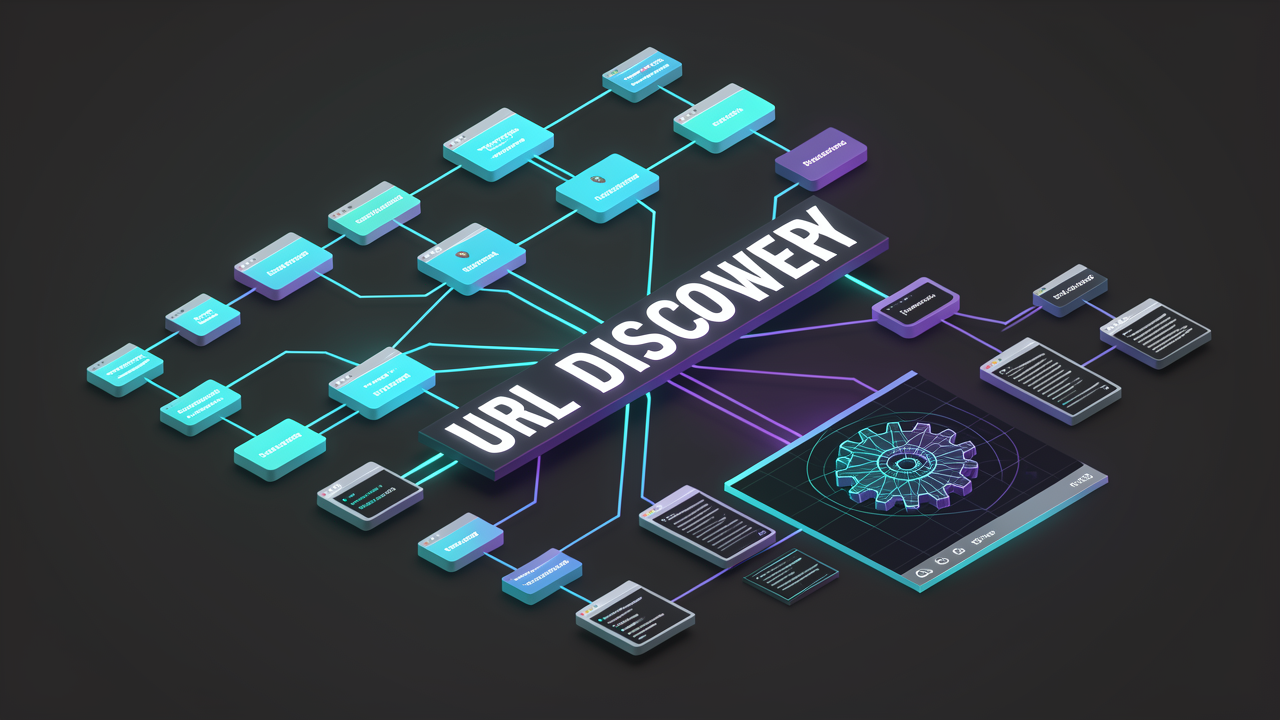 A branching sitemap tree discovering URLs that flow into rendered browser windows, representing sitemap-based URL discovery and page fetching in a documentation ingestion pipeline.