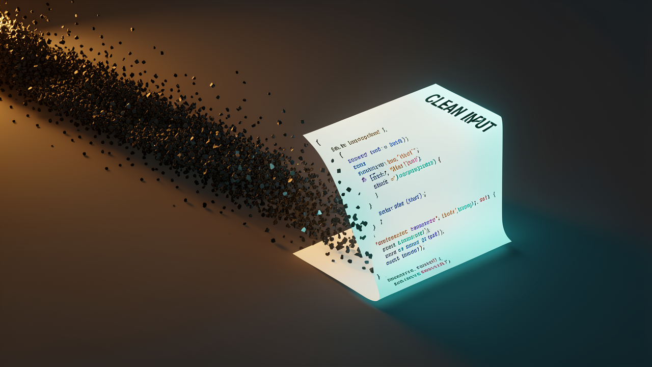 A raw HTML page splitting into discarded boilerplate fragments and a clean markdown sheet, illustrating main-content extraction and text normalization before chunking for RAG.