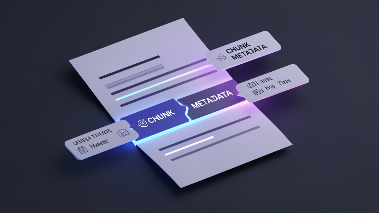 A document divided into labeled chunks, each carrying metadata tag cards with URL, title, and content hash, showing the metadata attachment and chunking stages of an ingestion pipeline.
