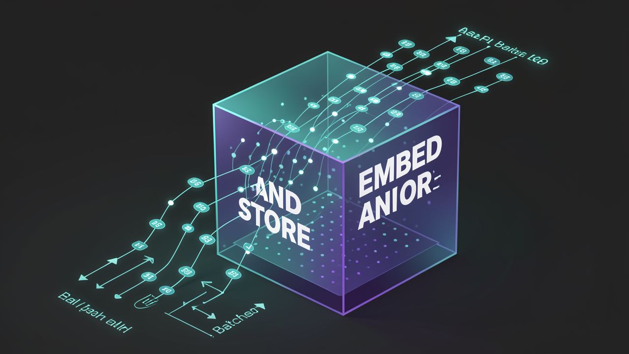 Batched streams of vector embeddings flowing into a translucent vector database cube, representing embedding generation and idempotent upsert writes in a RAG indexing pipeline.