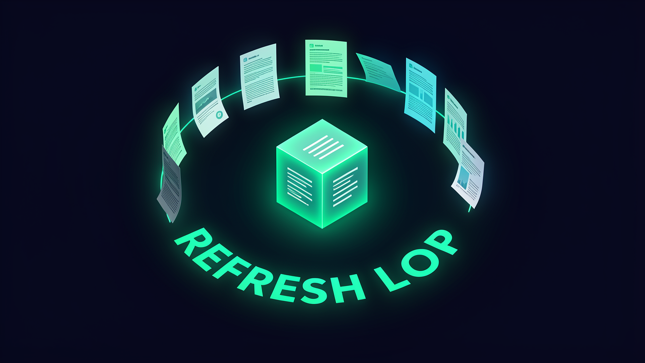 Documents orbiting a central vector index in a refresh loop with changed pages glowing brighter, illustrating incremental change detection and content-hash-based re-indexing.