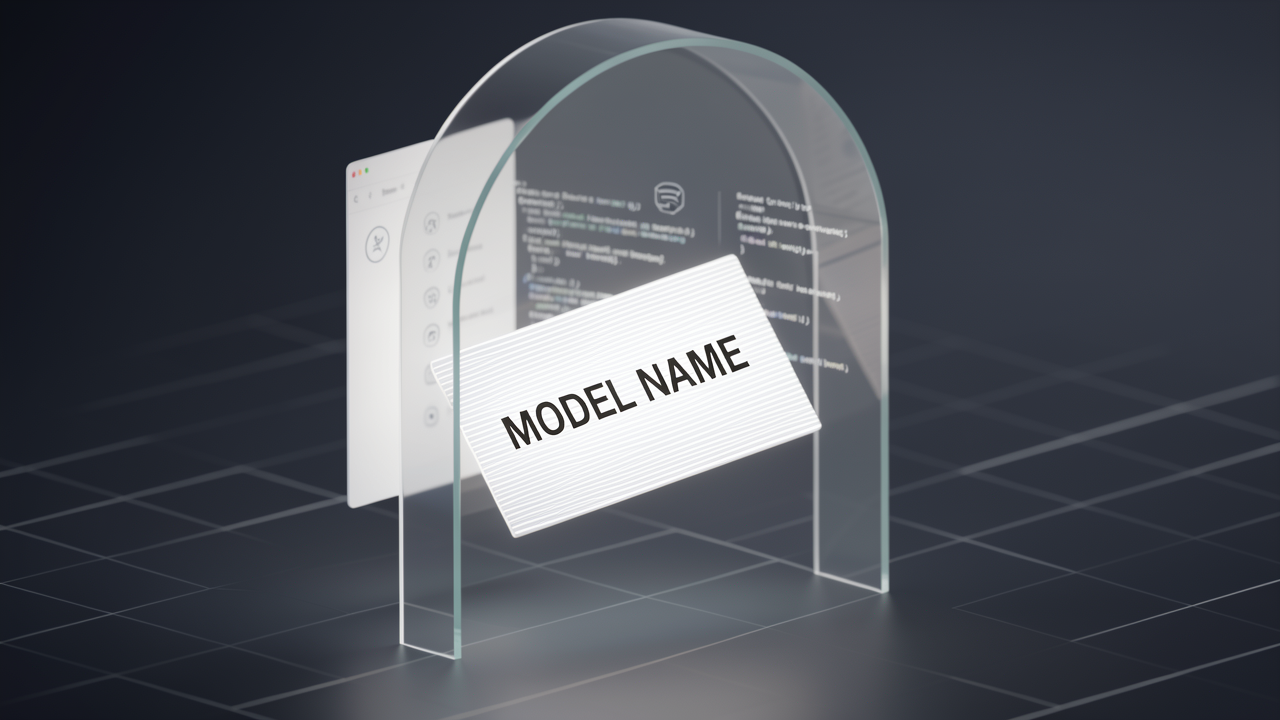 A 3D render of a request card labeled Model Name entering a glass gateway that matches it against a configuration panel before dispatching it to provider icons.