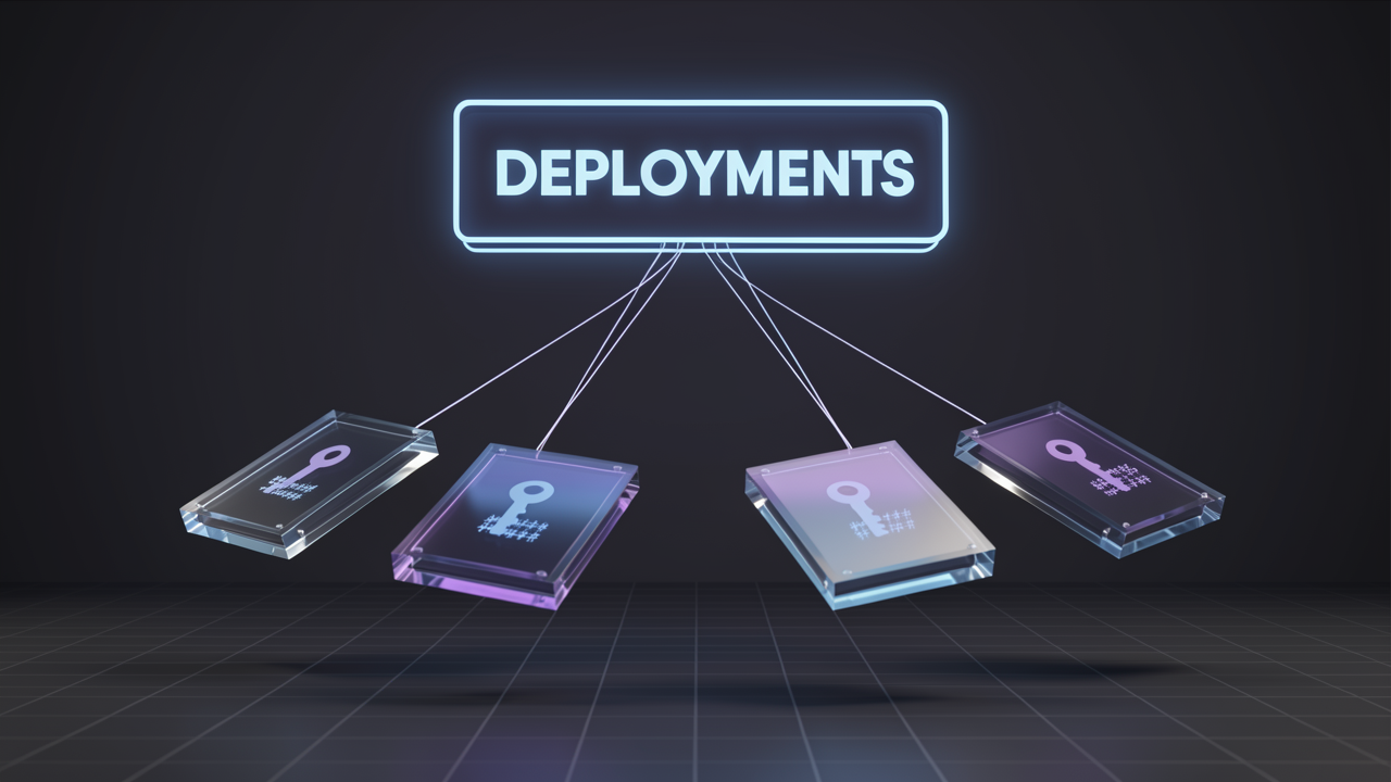 A 3D visualization of deployment chips, each holding a distinct provider key and hashed identifier, linked beneath a shared deployments header panel.