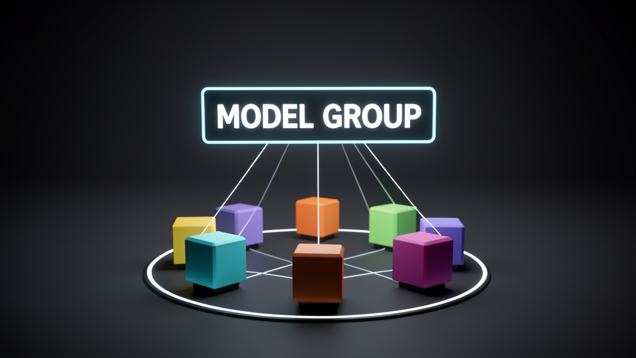 A 3D illustration of a model group nameplate connected by light threads to five interchangeable provider cubes, showing one public name fronting many backends.