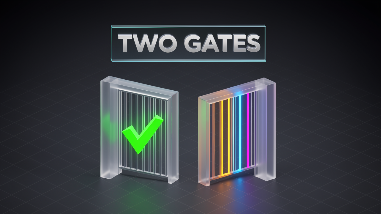A 3D render contrasting an access gate with a verification checkmark against a routing gate that branches into several colored provider paths.