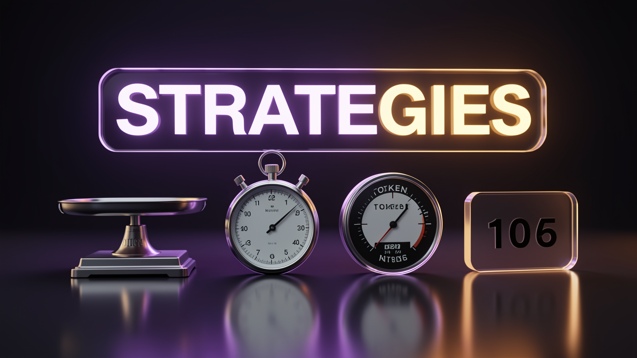 A 3D illustration of routing strategy gauges including a balance scale, stopwatch, token meter, and price tag displayed beneath the word Strategies.
