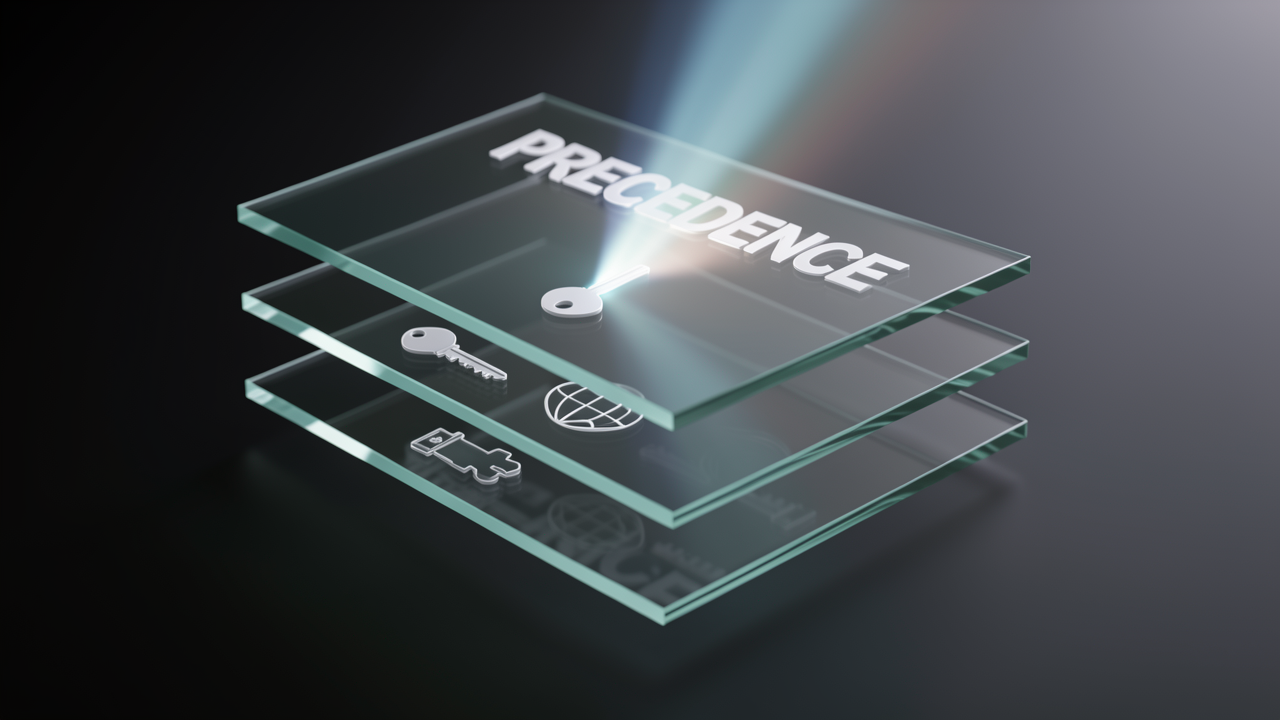 A 3D visualization of three stacked precedence layers for keys, teams, and global settings, with a request beam entering through the top key layer first.