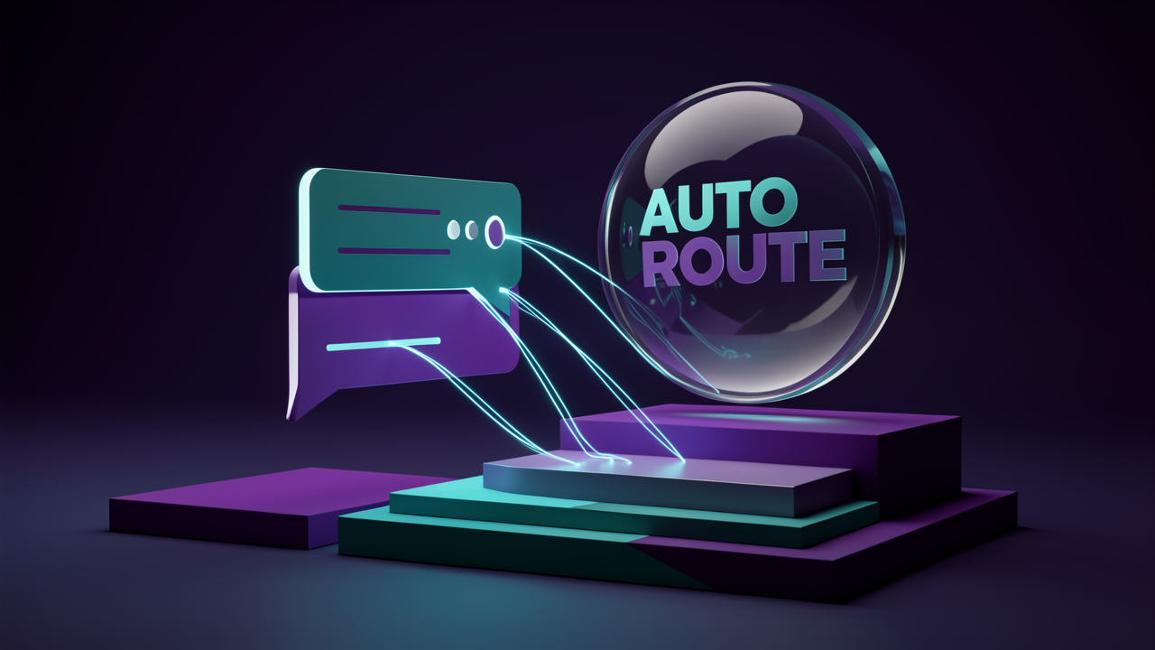 A 3D render of an auto router orb classifying a chat prompt and steering glowing streams toward tiered model platforms of varying height.