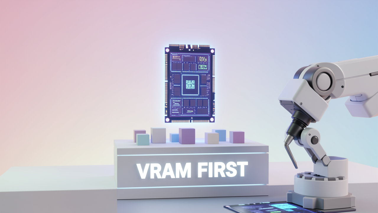 An illustration of VRAM capacity as the primary constraint for local LLM inference, showing a glowing memory module holding stacked model weights on a counter-like pedestal.