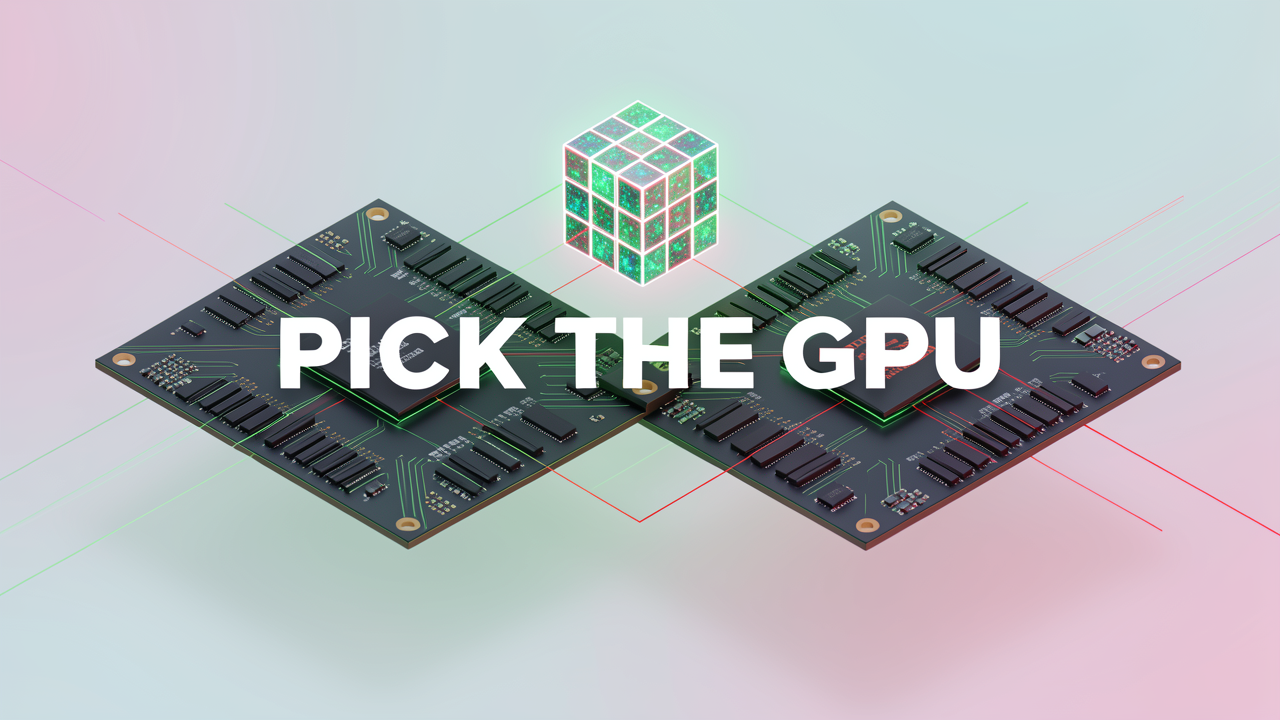 Two floating GPU cards with glowing Tensor Core matrices in green and red accents, illustrating NVIDIA and AMD GPU selection for a local AI workstation.