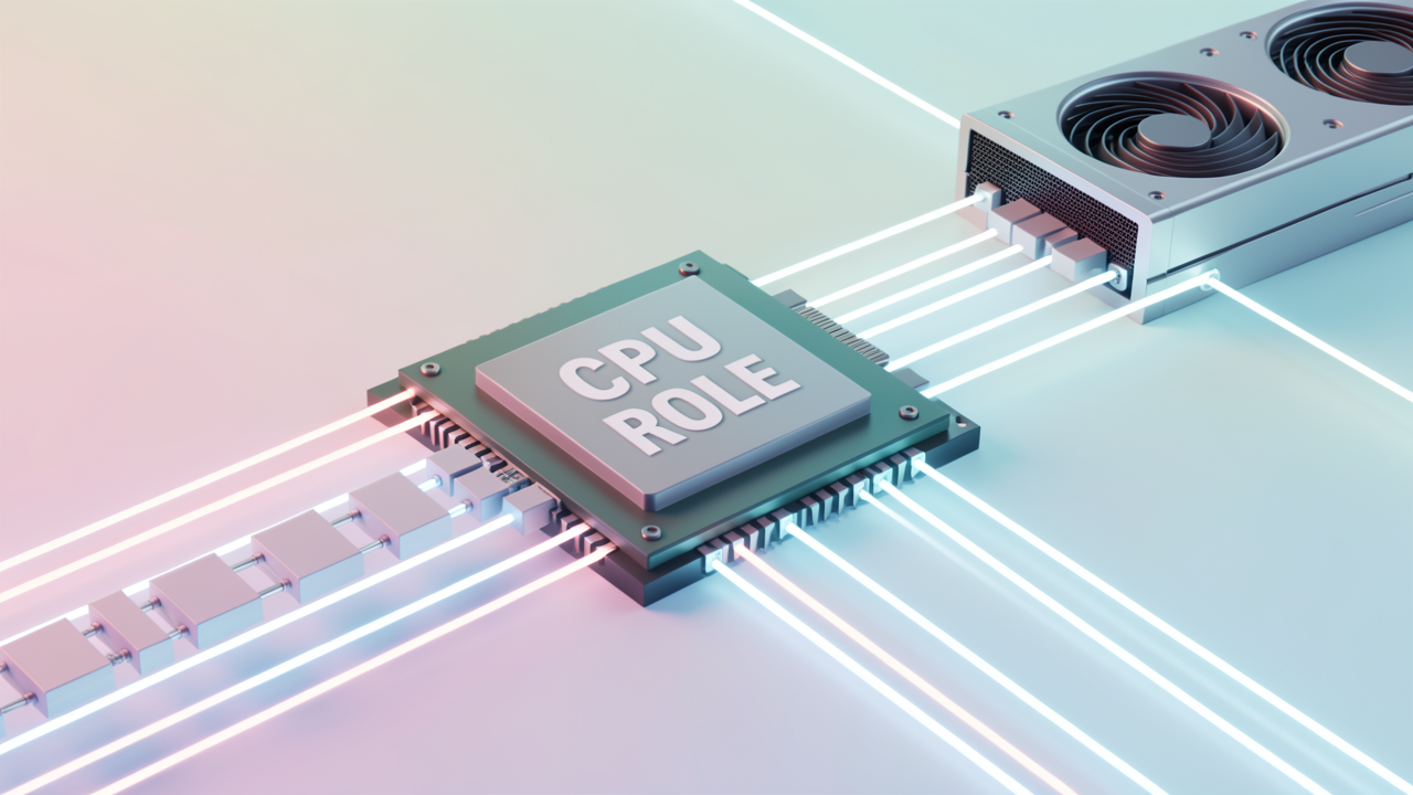 A stylized CPU chip routing data blocks and glowing PCIe lanes toward a large GPU, showing the CPU's supporting role in data preparation for local AI builds.