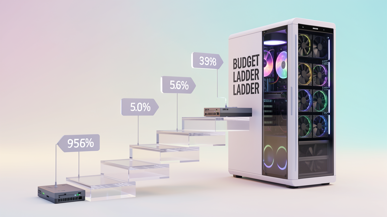 An ascending ladder of translucent workstations from mini PC to full multi-GPU tower with floating price tags, representing the on-prem hardware budget spectrum for solo developers.