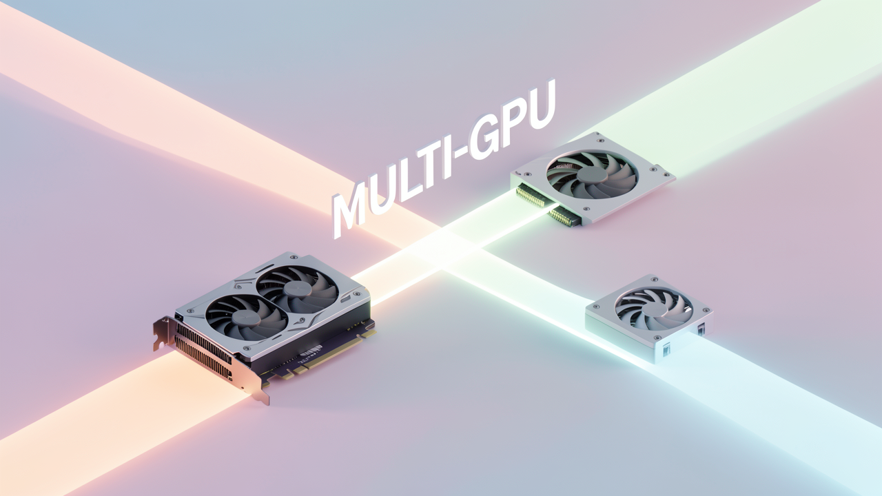 Two GPU cards joined by a narrow glowing bridge contrasted with a wide light beam, visualizing PCIe versus NVLink multi-GPU trade-offs for local LLM workstations.
