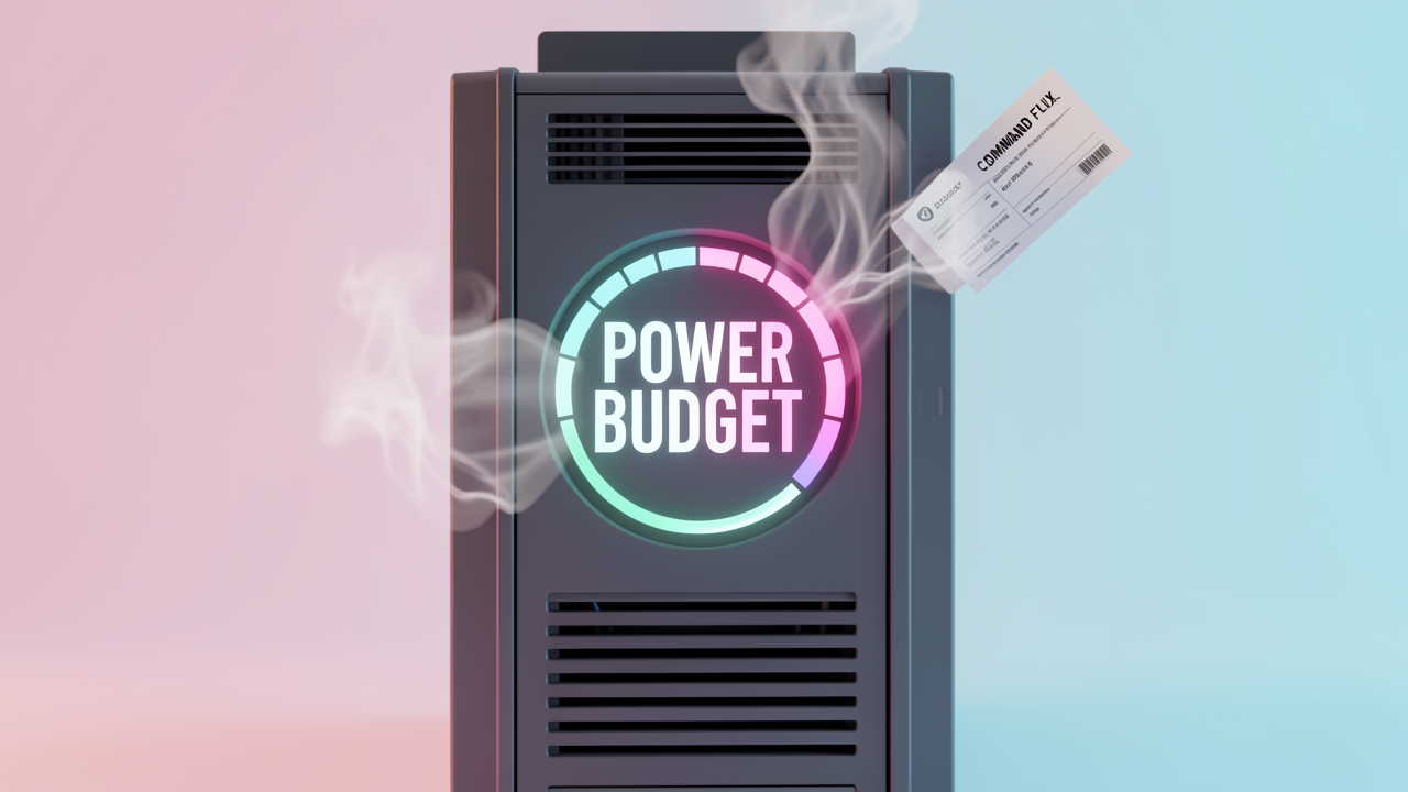 A workstation tower with a glowing power gauge and rising heat waves from its ventilation grilles, illustrating PSU sizing and cooling costs for local AI builds.
