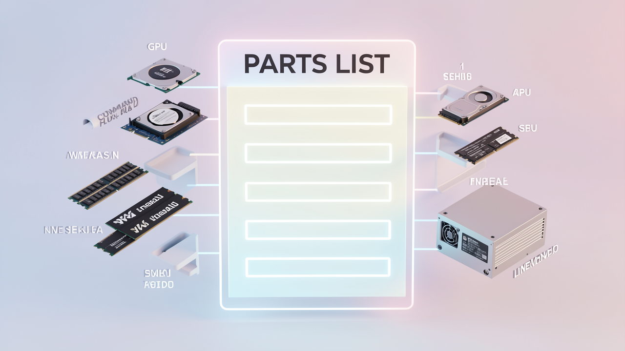 An exploded diagram of GPU, CPU, RAM, storage and PSU components arranged around a glowing checklist, symbolizing a defensible parts list for a local AI workstation.