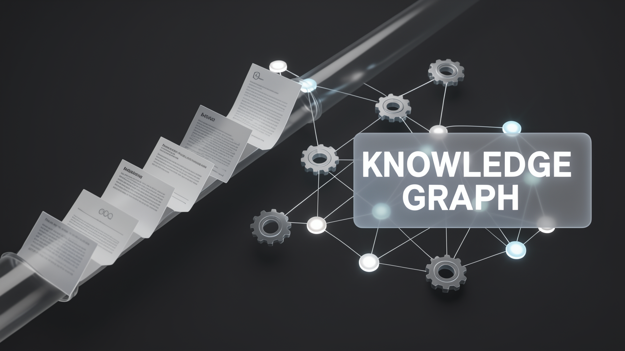 A diagram-style 3D render showing documents entering a knowledge graph construction pipeline inside Ragas testset generation.