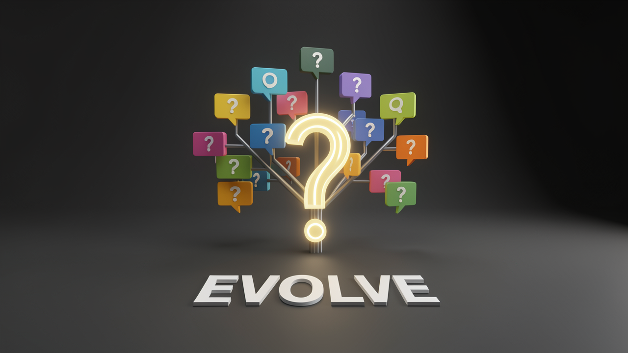 A 3D visualization of one simple question evolving into a branching tree of diverse evaluation question types.