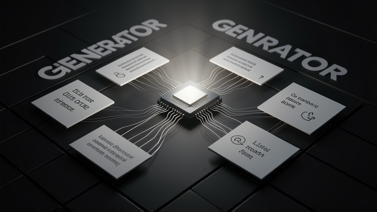 A 3D illustration of a generator LLM chip producing question-answer pairs for a synthetic RAG evaluation test set.