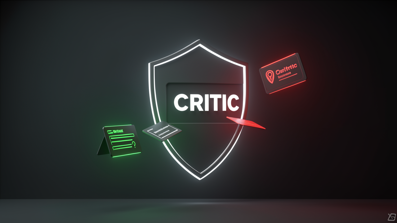 A 3D render of a critic LLM filtering synthetic questions through a quality validation gate.
