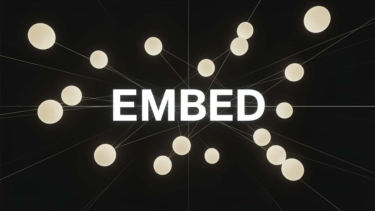 A 3D visualization of an embedding model mapping text into vector space for retrieval and Ragas evaluation metrics.