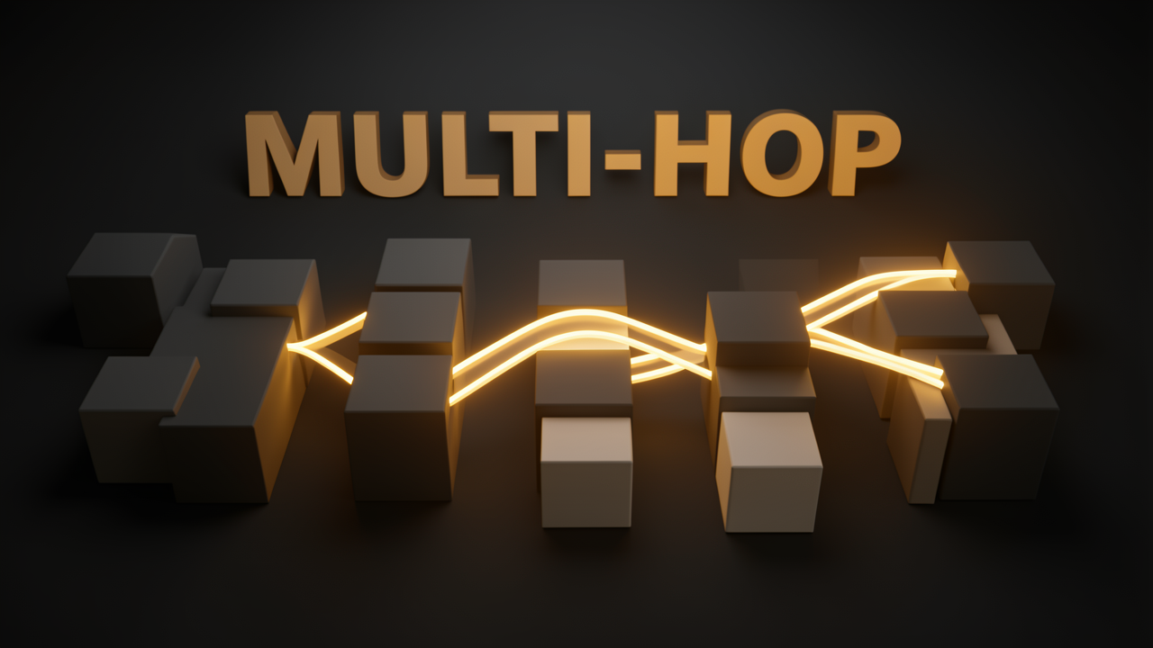 A 3D illustration of Ragas question evolution types, with a multi-hop path linking several document chunks together.