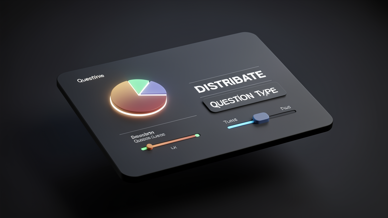 A dashboard-style 3D render showing sliders and a pie chart controlling question type distributions in Ragas testset generation.
