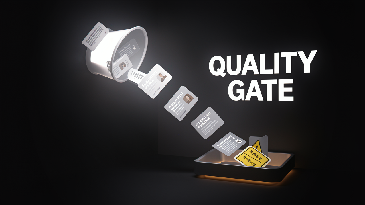 A 3D visualization of synthetic evaluation questions passing through a quality control gate before entering a RAG test set.