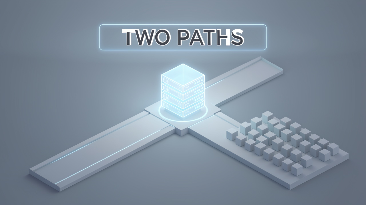 Two diverging pathways from a central server, one leading to a single shared data cube and the other to a grid of per-tenant cubes, illustrating the choice between shared and isolated Qdrant collections.