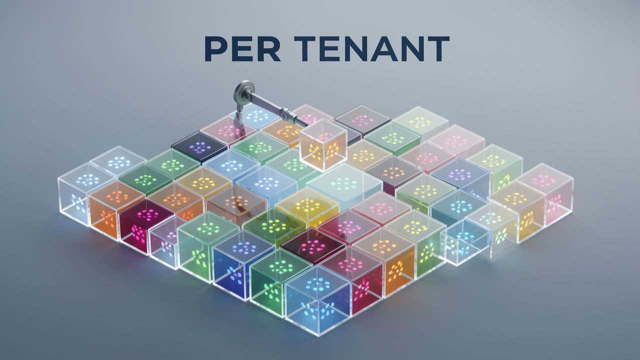 A grid of separate glowing data cubes, one being lifted out by a mechanical arm, representing the per-tenant collection isolation strategy and instant offboarding in Qdrant.