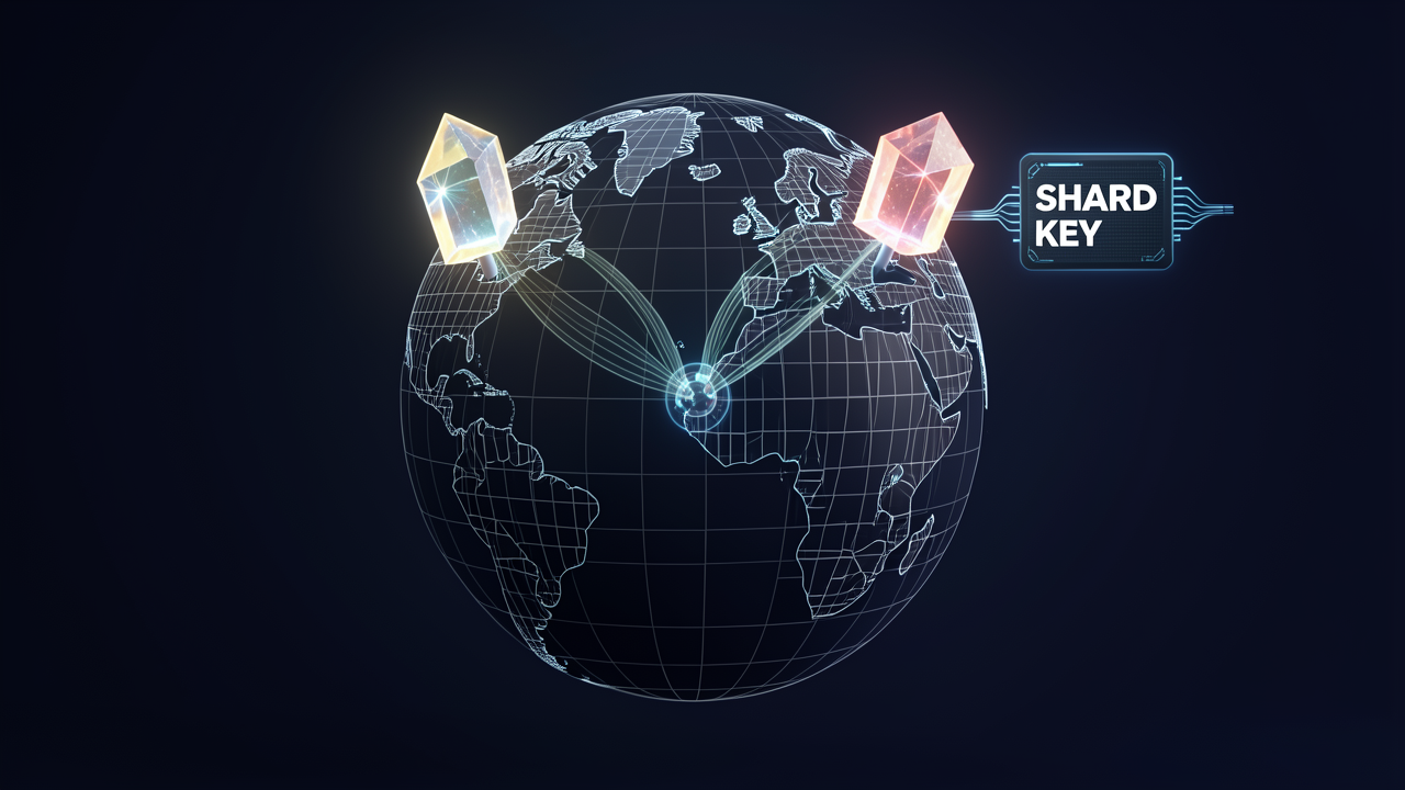 A wireframe globe with glowing shard blocks pinned over Canada and Germany, showing custom shard placement for tenant data residency in a distributed Qdrant cluster.