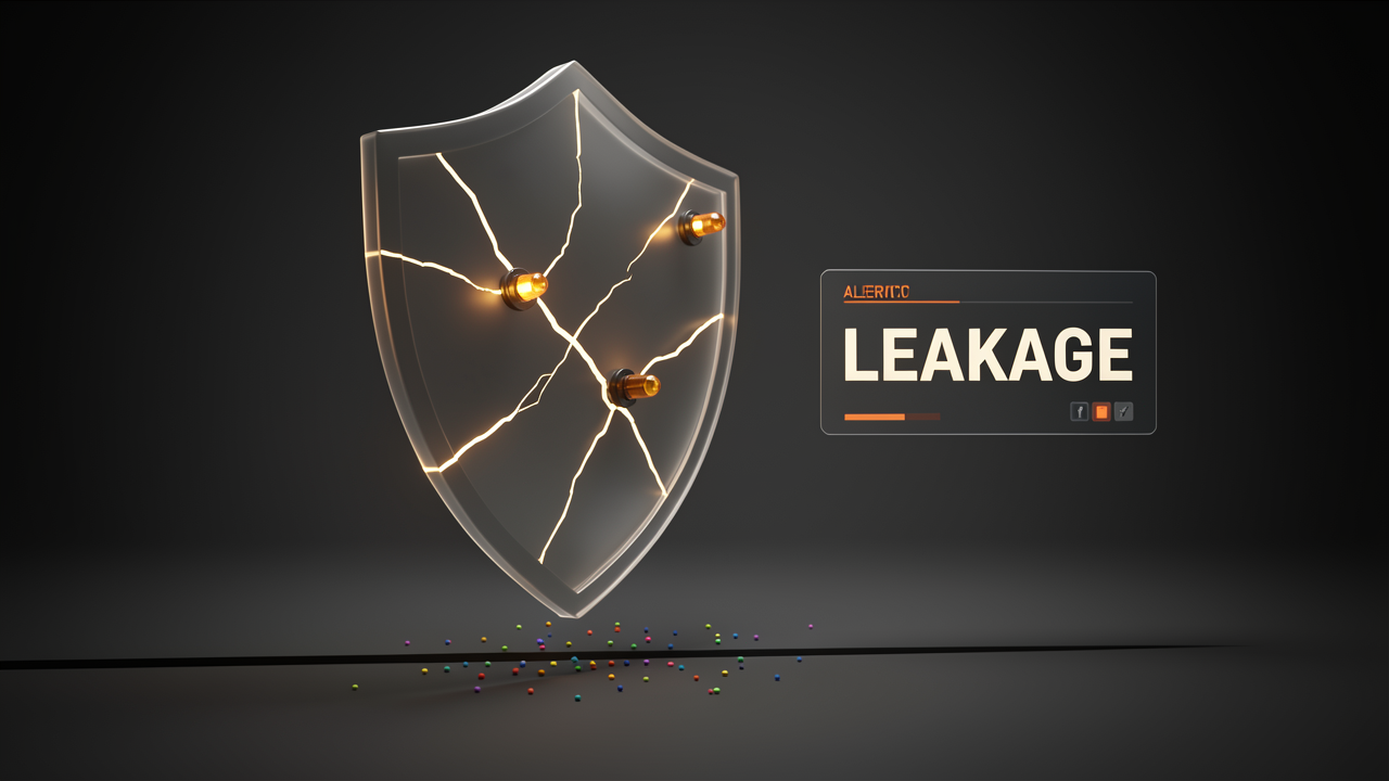 A glowing security shield with three crack lines and warning beacons, with colored dots leaking between separated data zones, symbolizing the failure modes that break tenant isolation in production RAG.