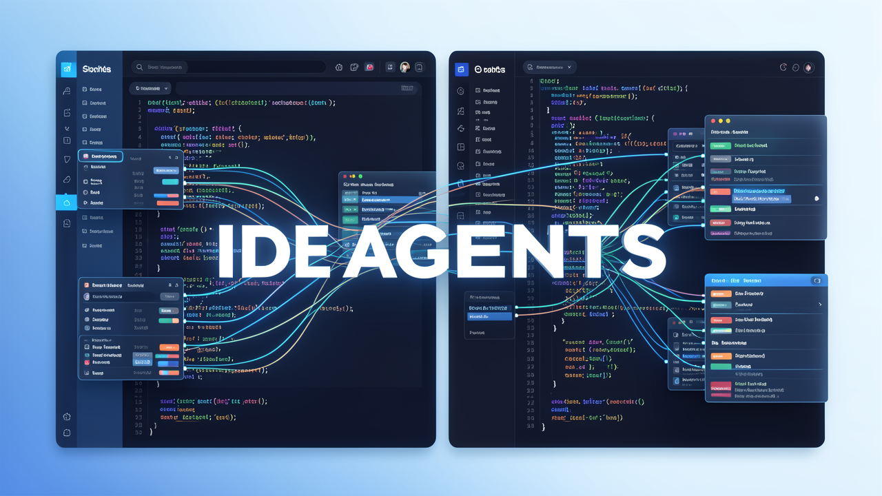 A futuristic code editor interface with parallel AI agent panels editing multiple files at once, showing how Cursor and Windsurf embed agentic workflows into the IDE.