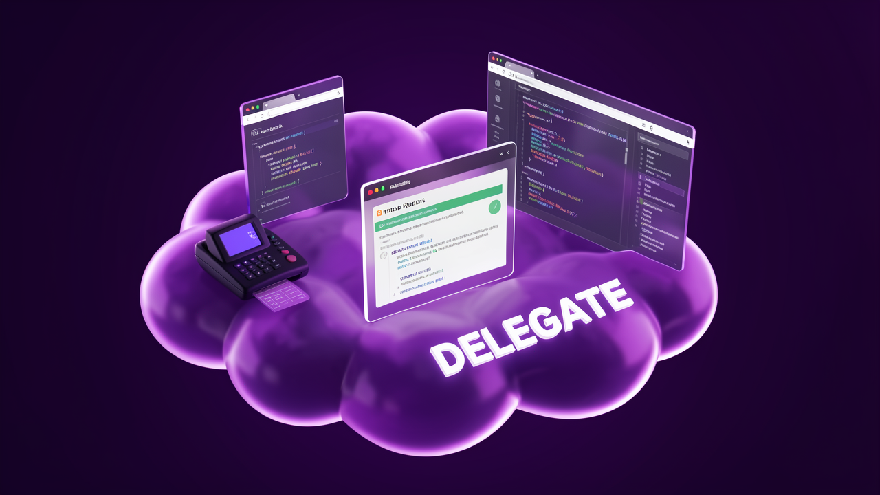 An isolated cloud workspace where an autonomous AI software engineer plans, codes, tests, and opens a pull request from a single delegated ticket, representing Devin's full-delegation model.
