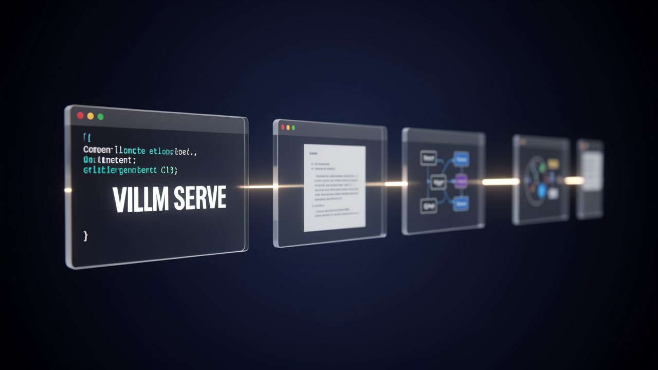 A 3D render of vLLM's CLI startup chain, showing the vllm serve command card linking to engine config, engine client, and background process cards along a glowing thread of light.